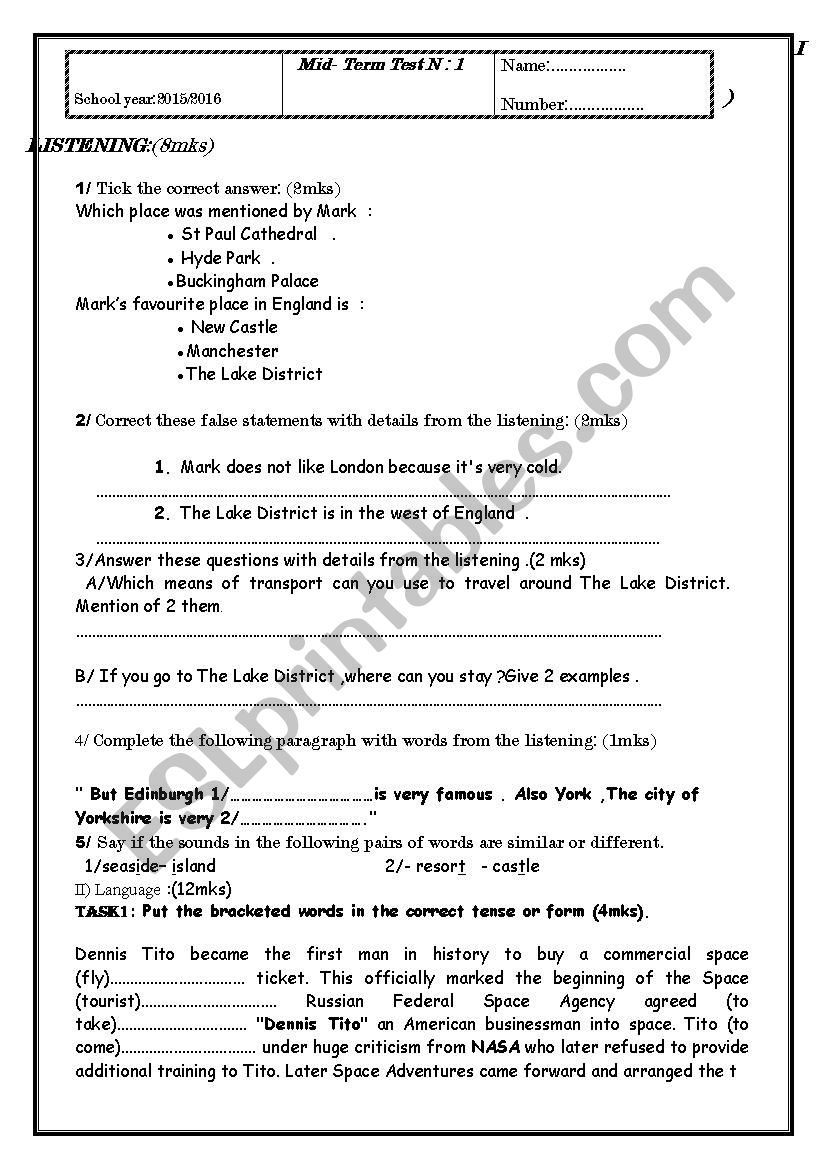 Mid-Term test N1(4 ´th Year) - ESL worksheet by joumanaa