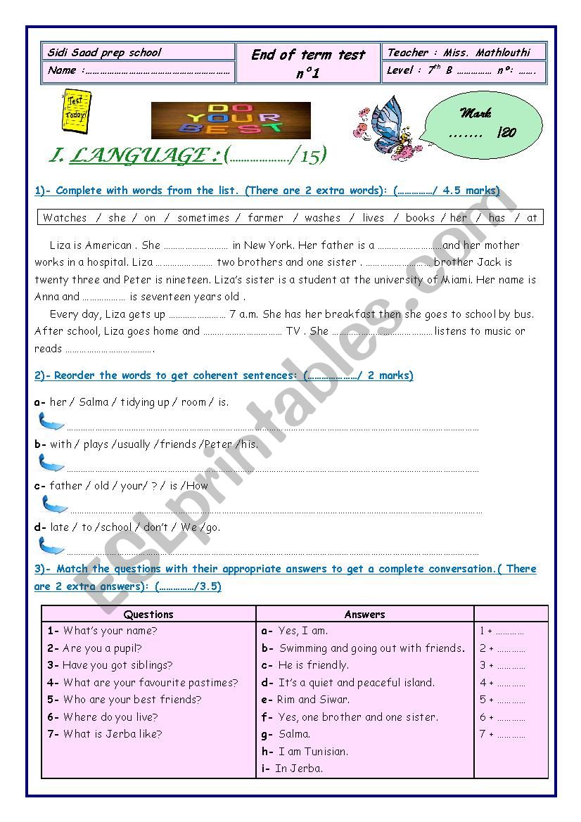 end of term test n°1 (7th form) - ESL worksheet by lovely mimou