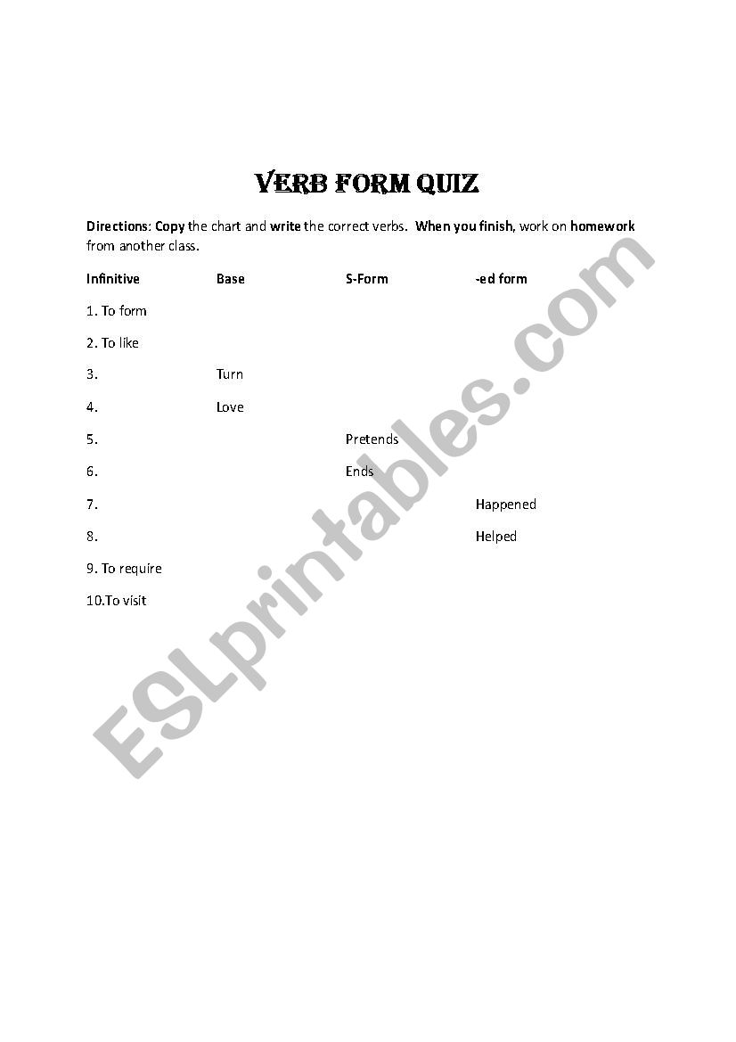 Verb Forms Quiz ESL Worksheet By Vanessa712