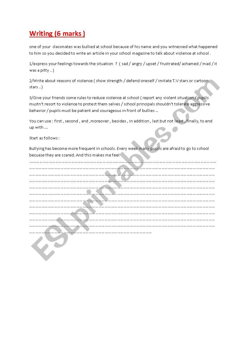 writing test  worksheet