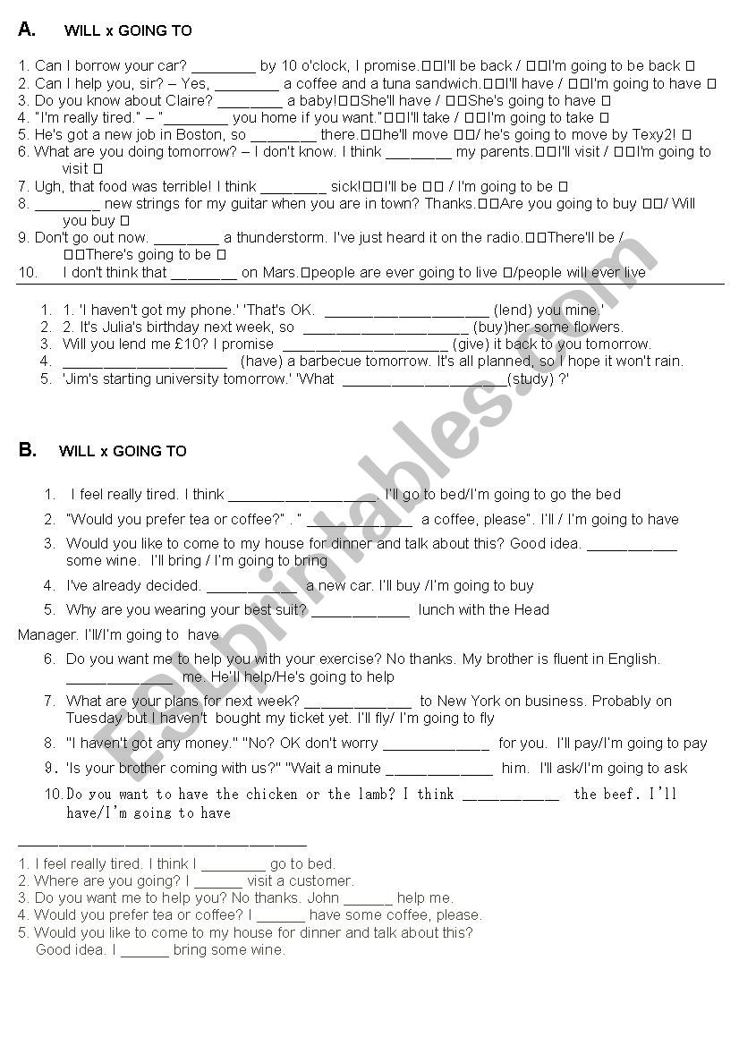 Will x going to - test worksheet