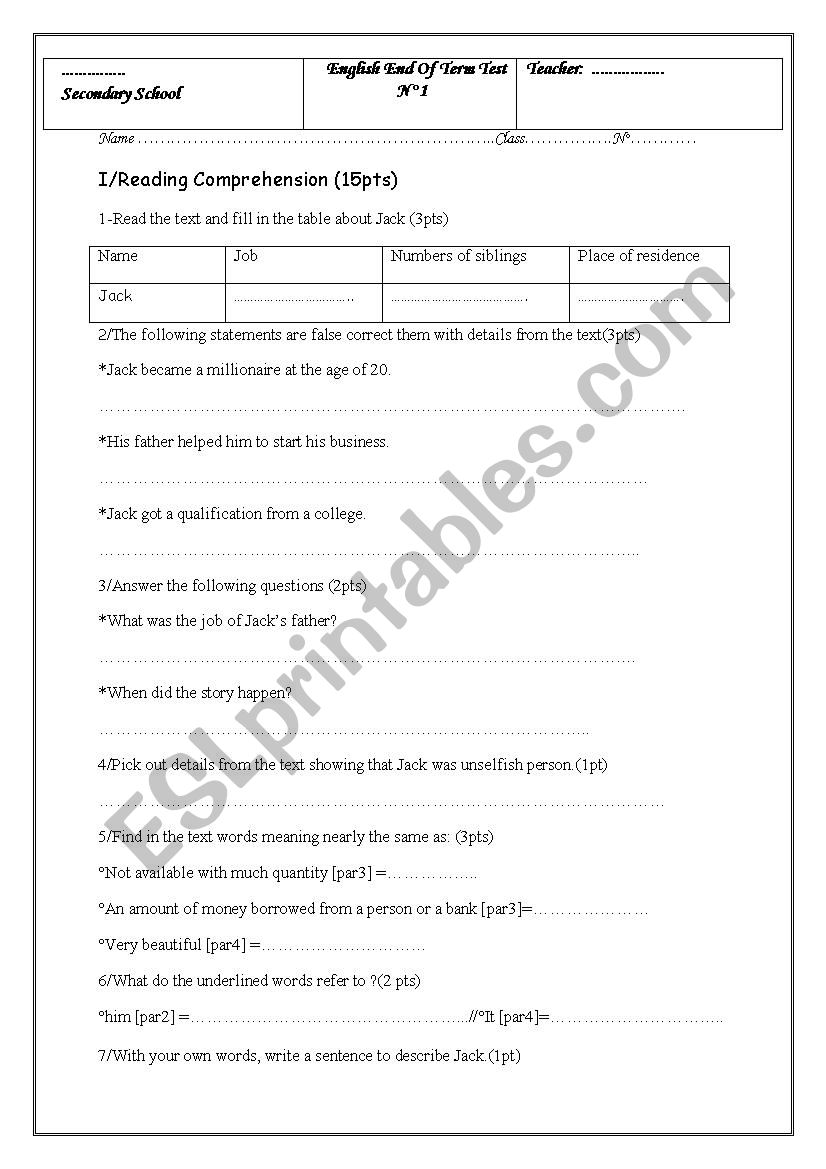 End of Term Test N°1(1st year secondary education) - ESL worksheet by ...