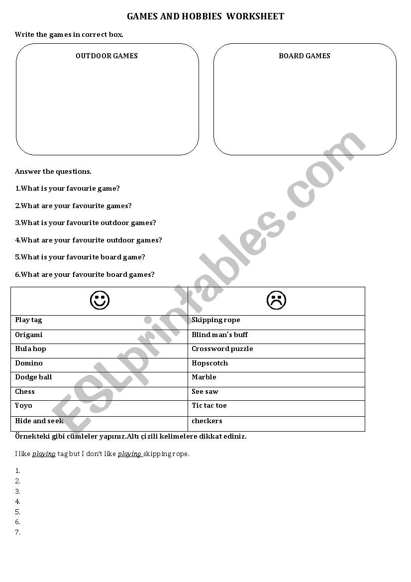 games and hobbies worksheet