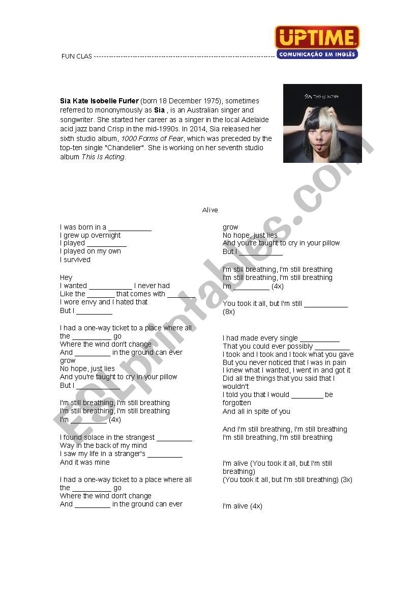 music SIA worksheet