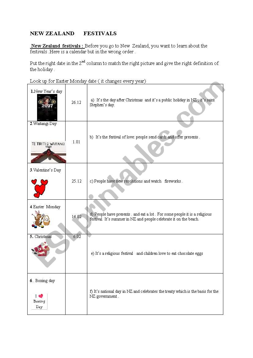 new zealand festival calendar esl worksheet by chritine