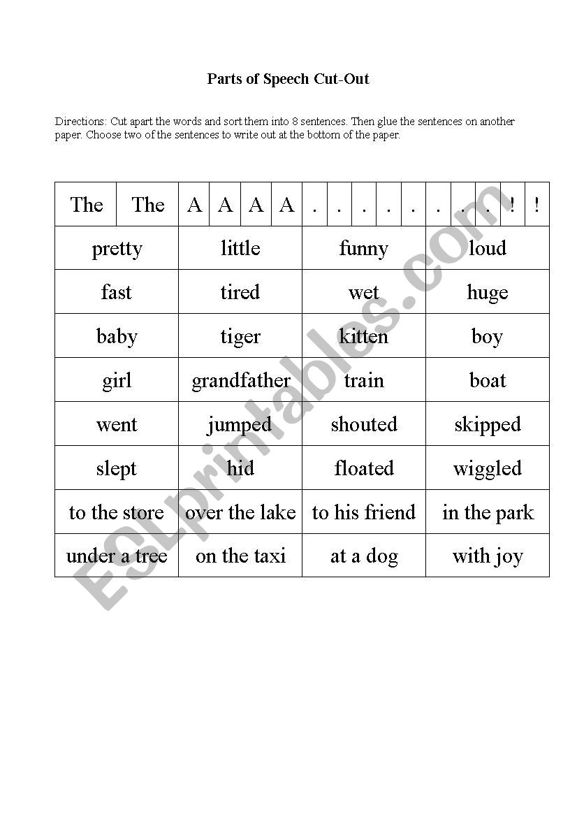 Parts of Speech Cut-Outs worksheet
