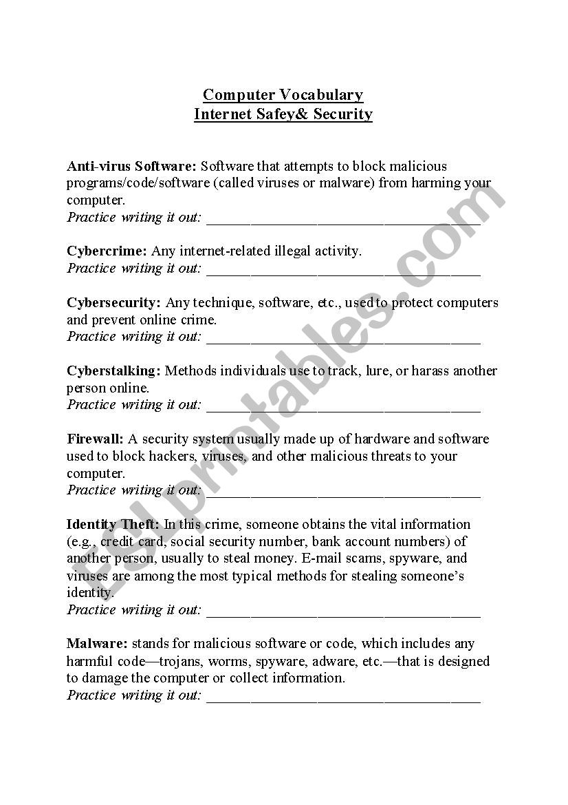 Computer Vocabulary Internet Safety ESL Worksheet By 