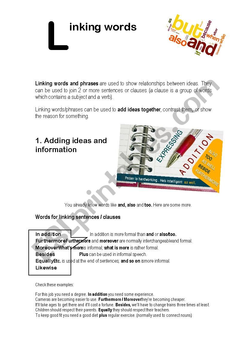 Linking Words Addition ESL Worksheet By Pan 182