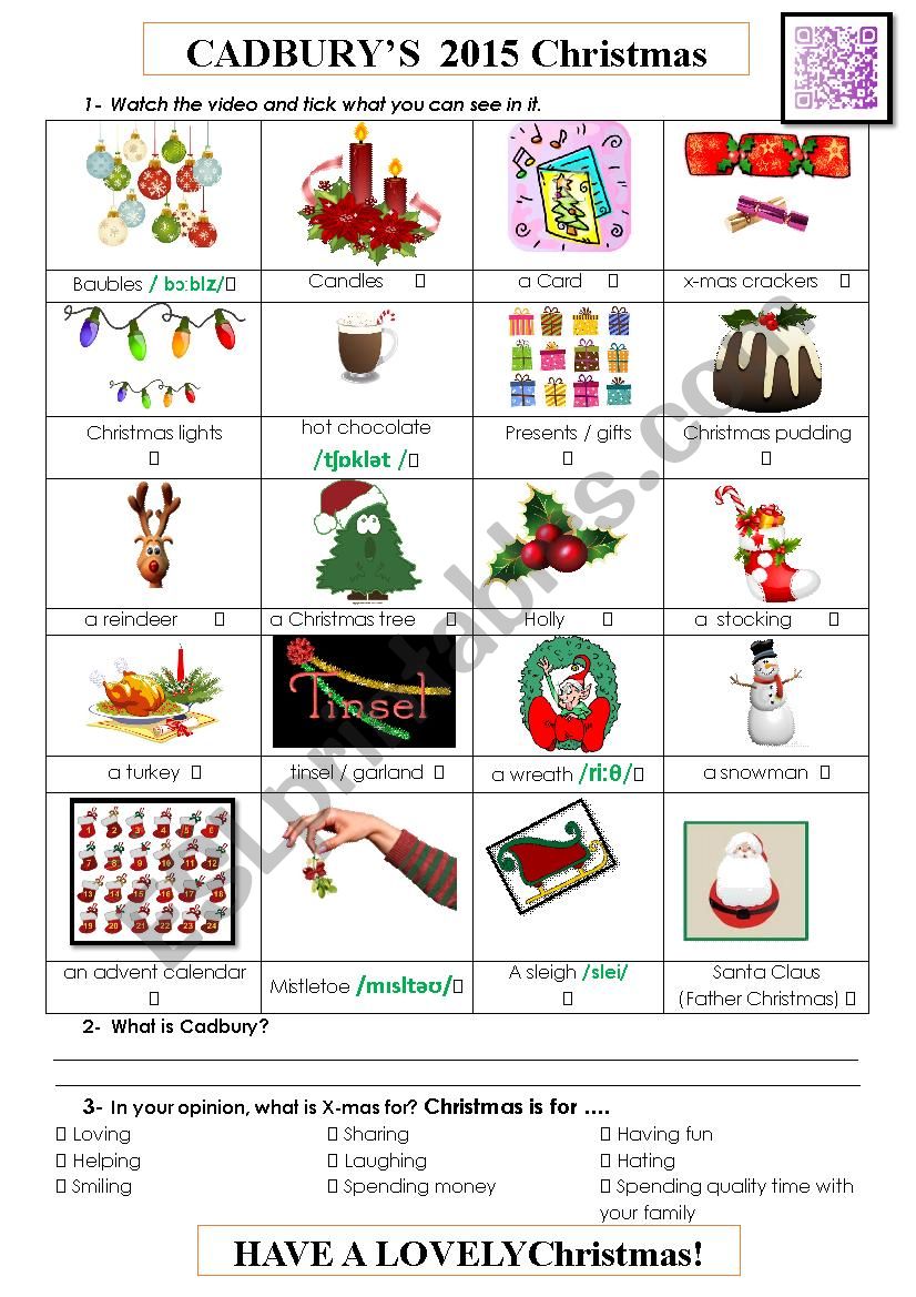 Cadbury Christmas Advert worksheet