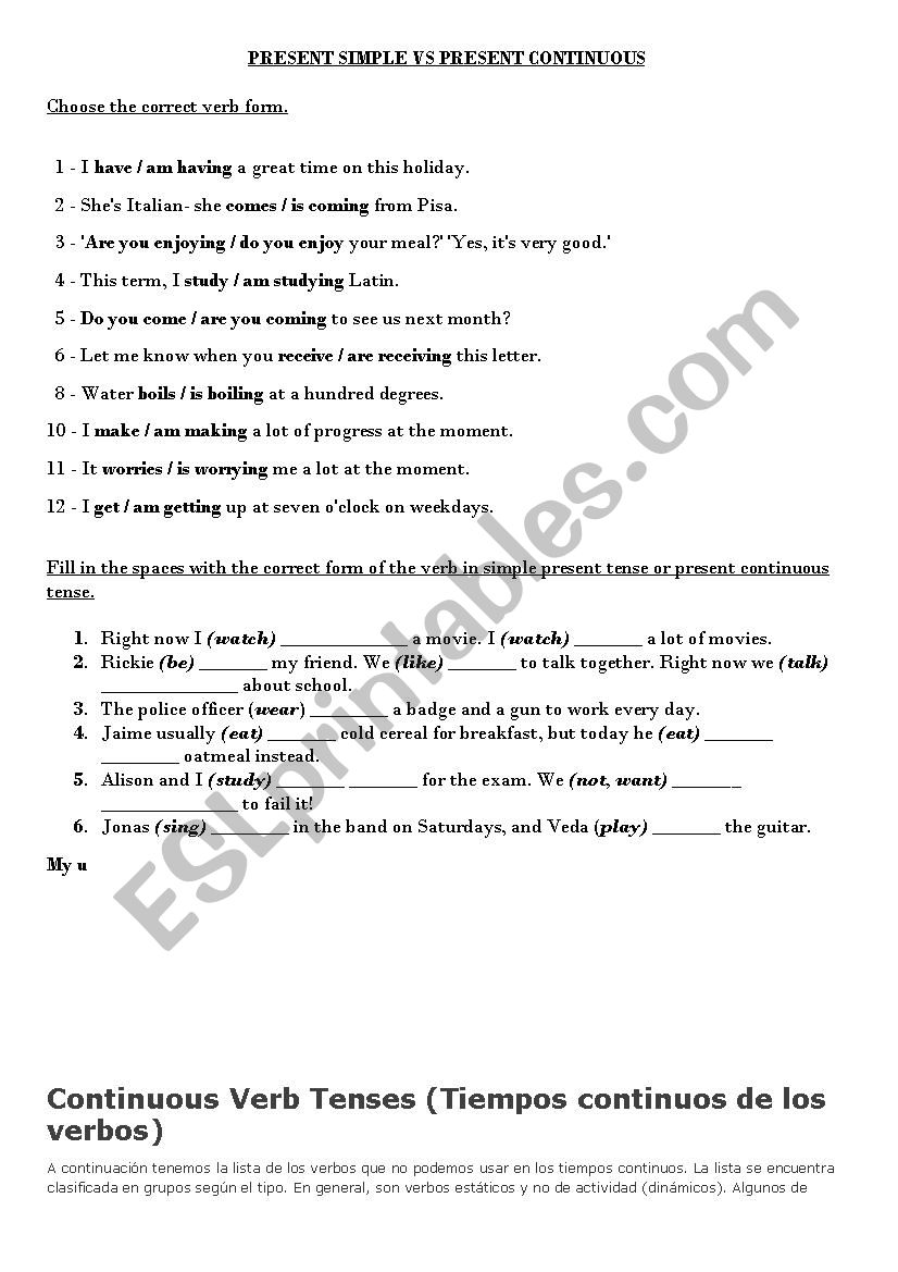 static verbs list worksheet