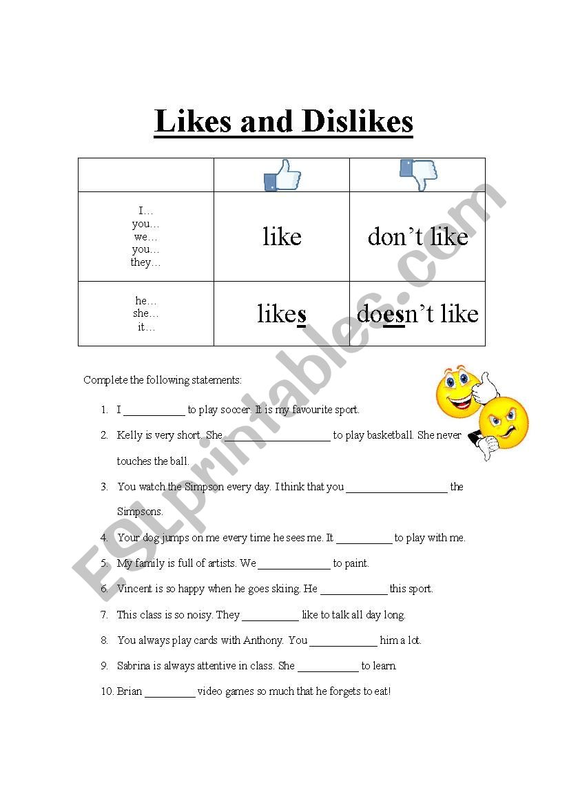 Like and dont like worksheet worksheet