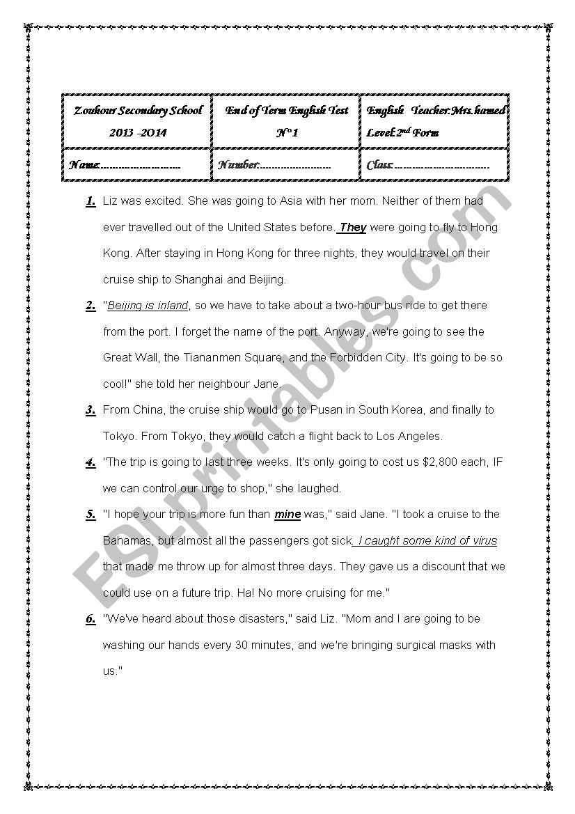 end term english test n°1 2nd form - ESL worksheet by insaf hamed