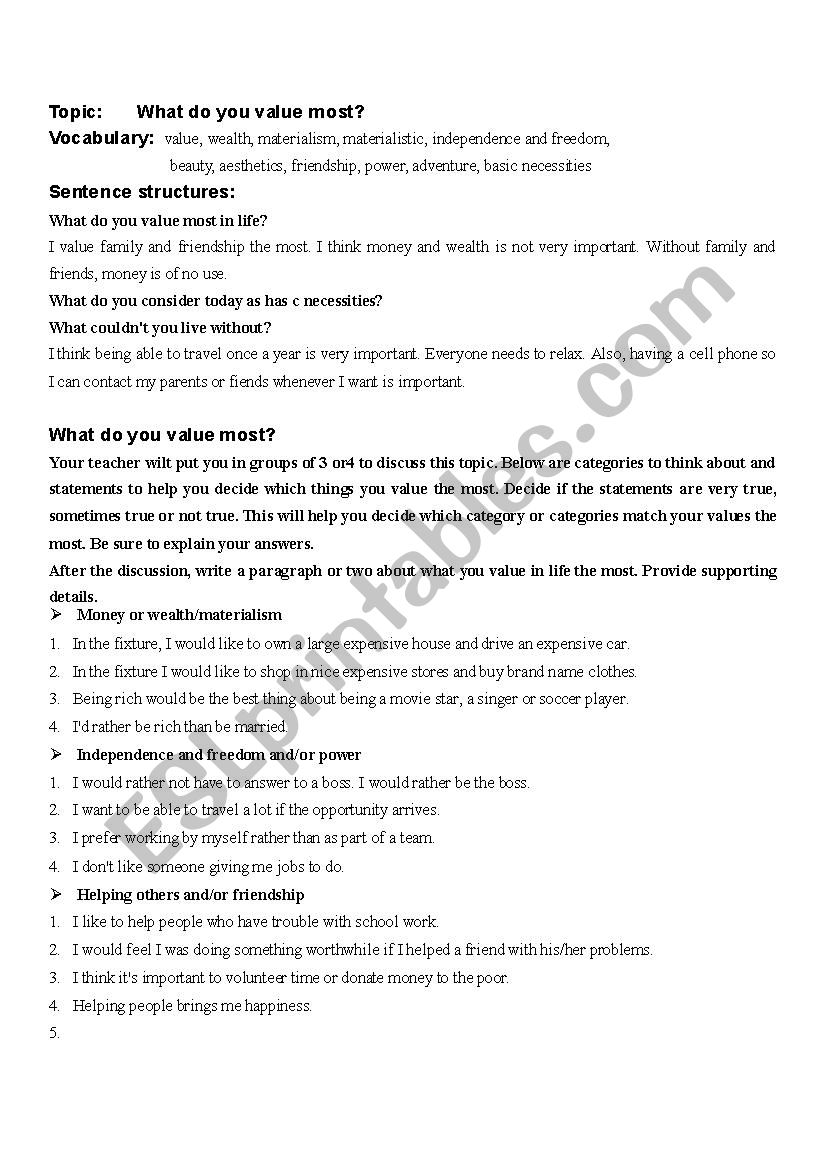 materialism worksheet