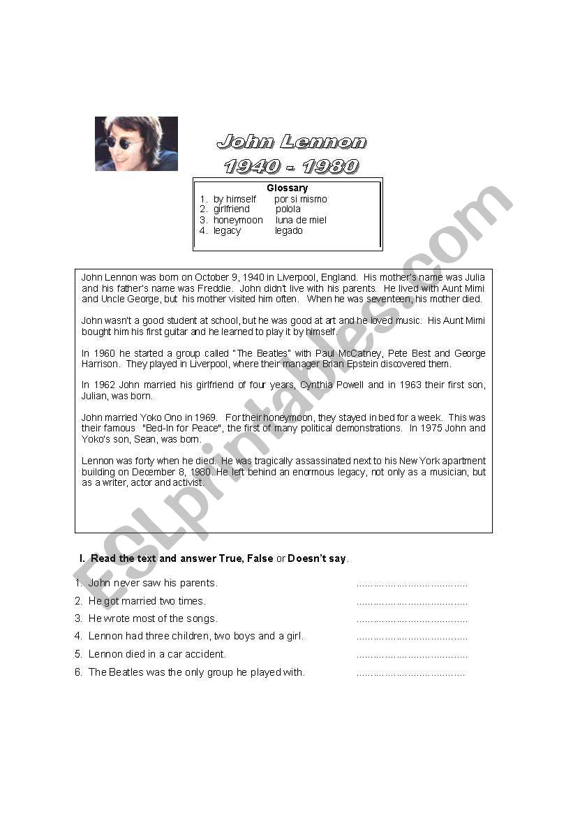 37 Lennon English ESL worksheets pdf & doc