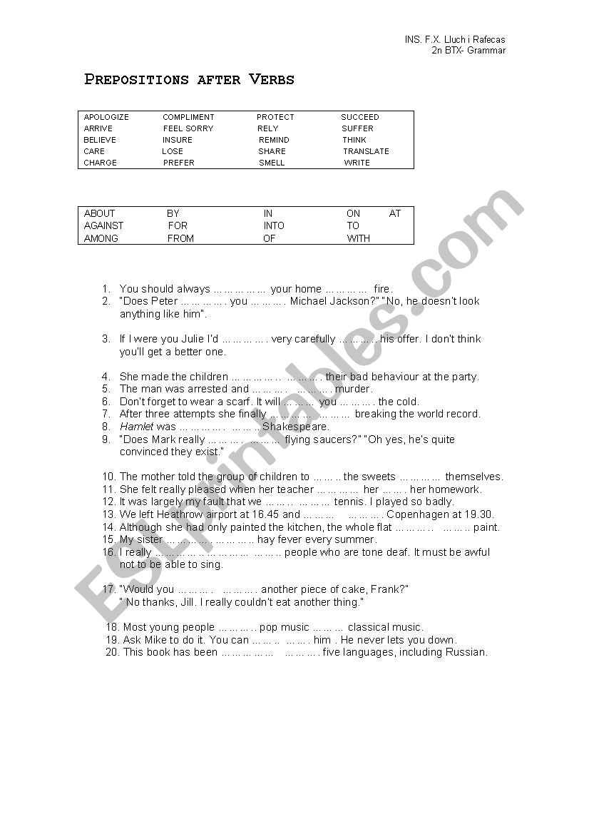 Prepositions after verbs worksheet