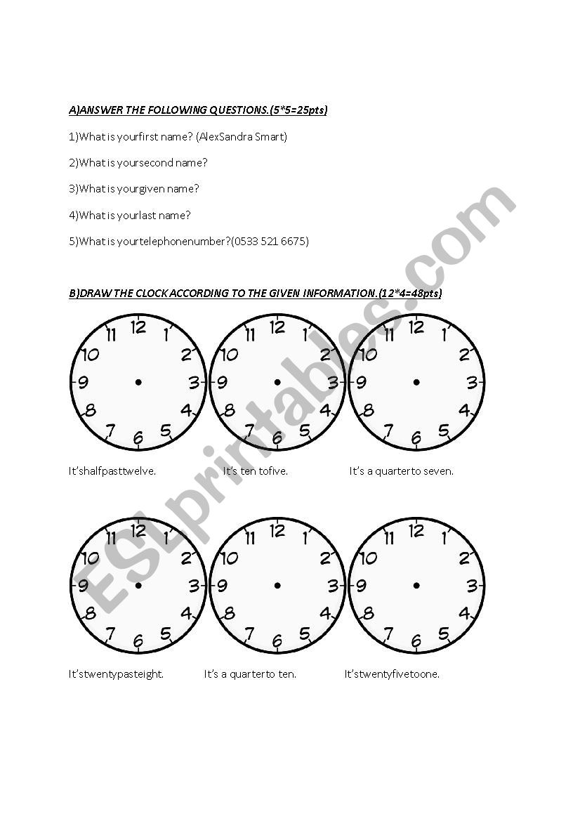 Time and numbers worksheet