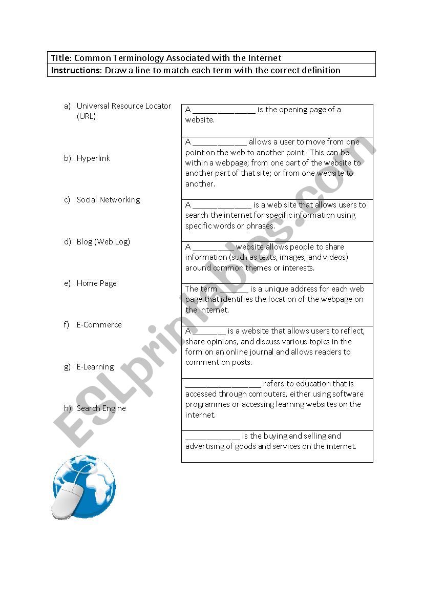 Internet Terminology Matching worksheet