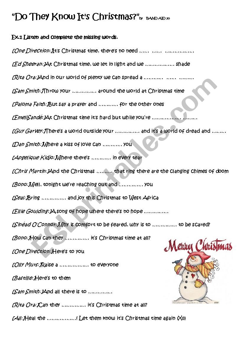 Band Aid 30 - Do they know it´s Christmas 2014 WS - ESL worksheet by ...