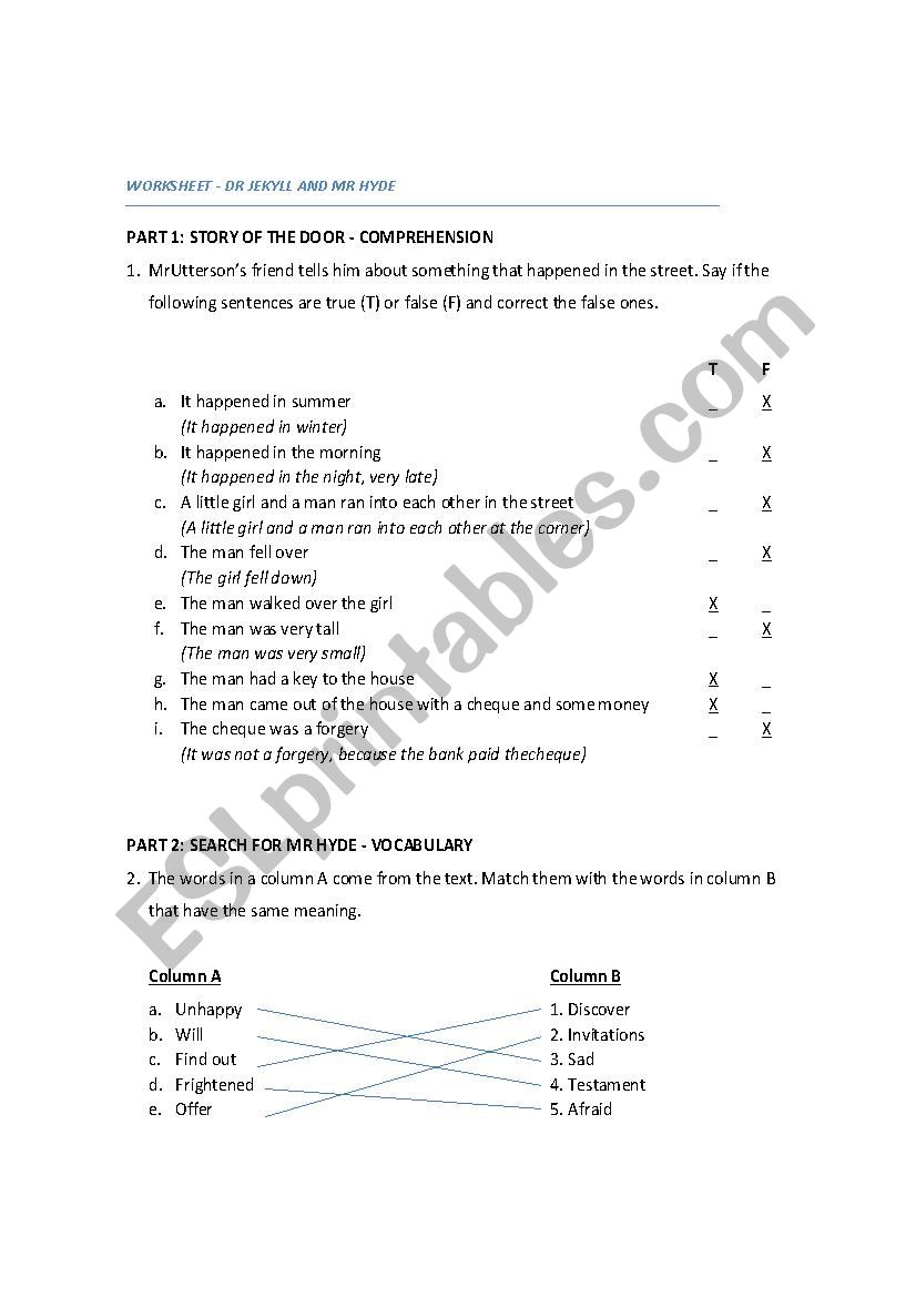 Dr Jeckly and Mr Hyde worksheet