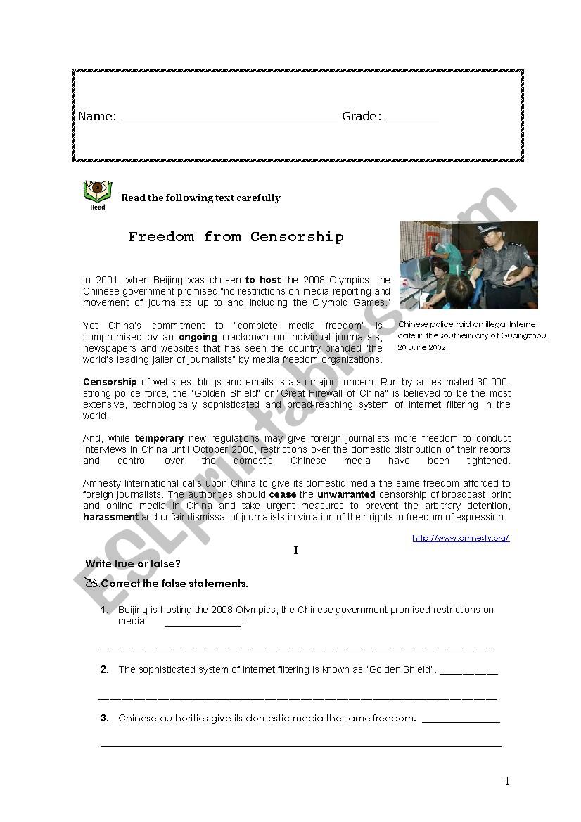 English Test- Freedom and censorship