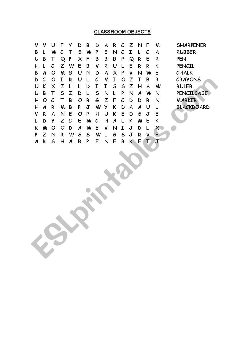 Classroom Objects- wordsearch worksheet