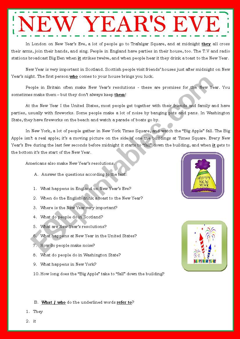 NEW YEAR´S EVE IN ENGLISH SPEAKING COUNTRIES - ESL worksheet by ...