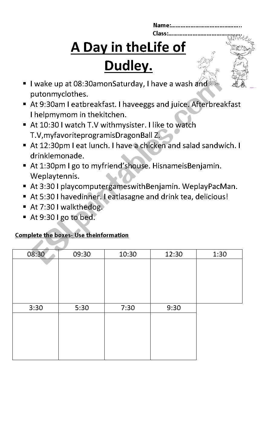 A day in the life of Dudley worksheet