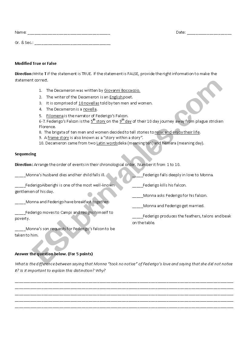 Federigos Falcon Worksheet worksheet