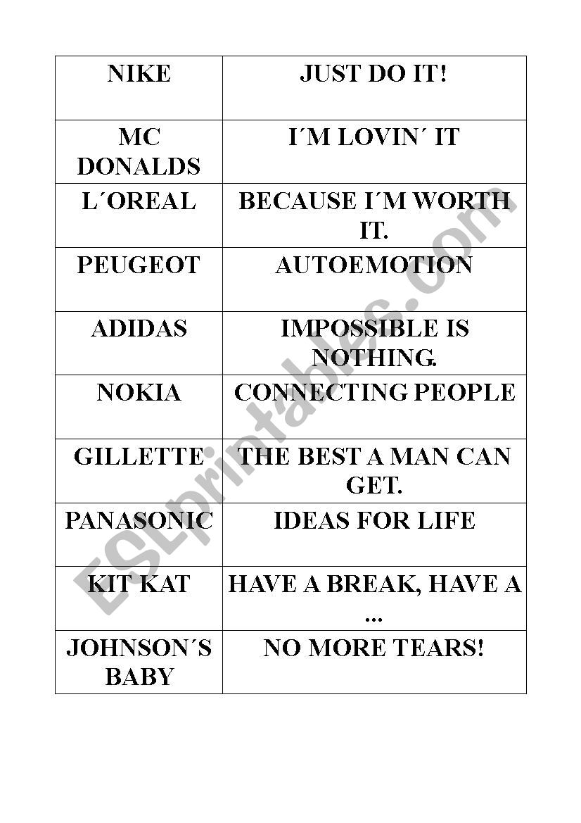 Advert slogans worksheet