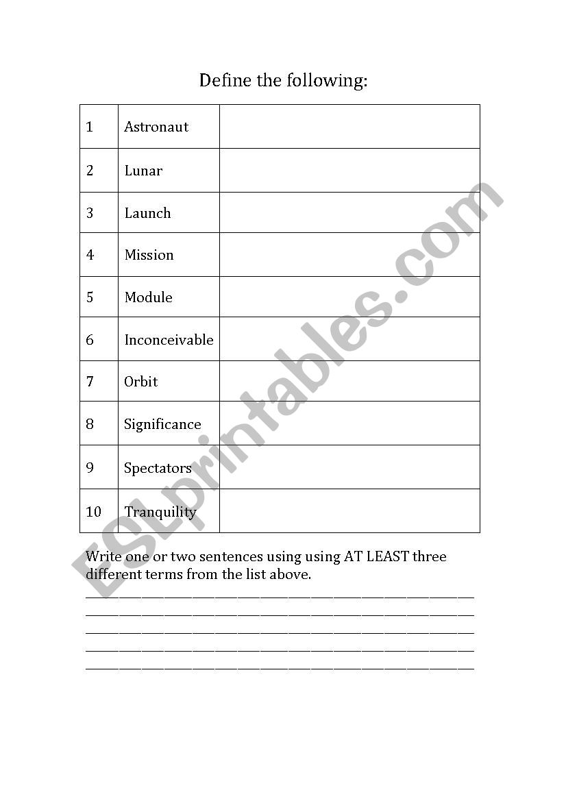 Define The Space Definitions worksheet