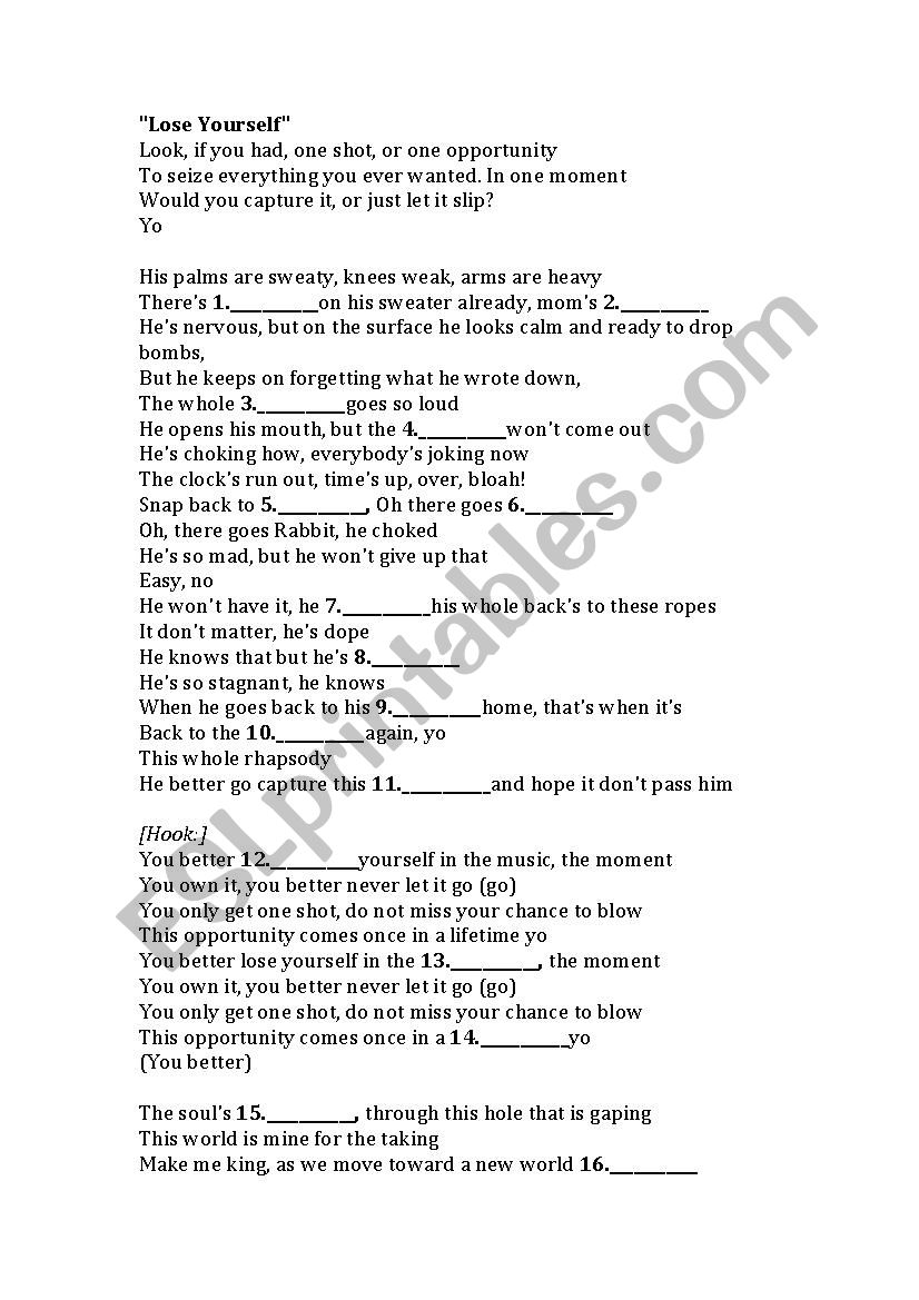 Lose Yourself Gap Fill worksheet