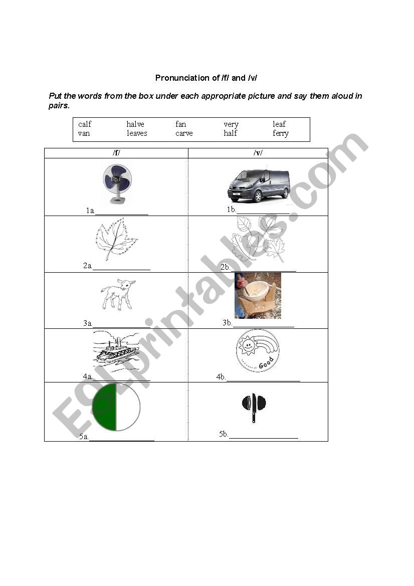 Pronunciation of /f/ and /v/ worksheet