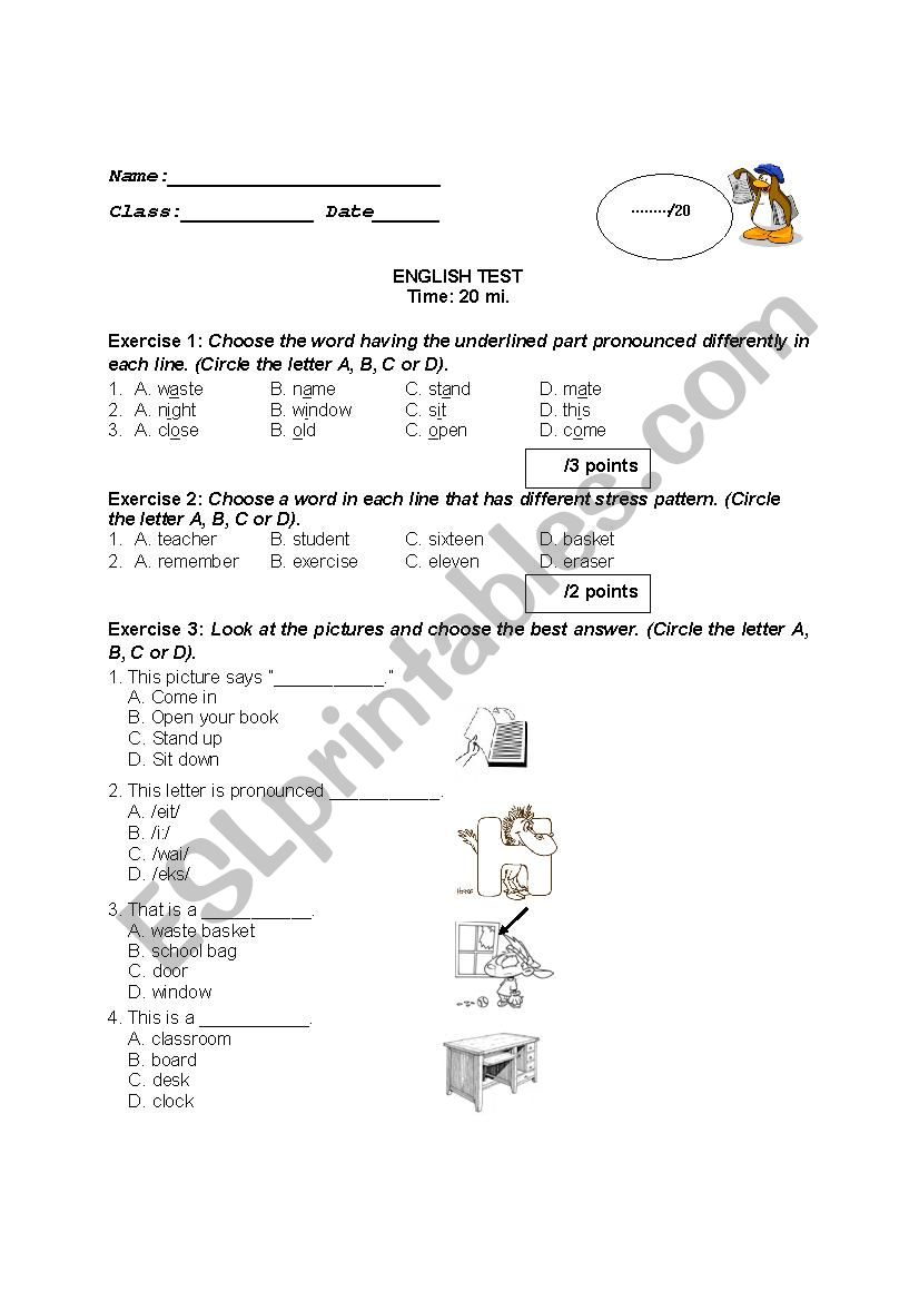 At School Test worksheet