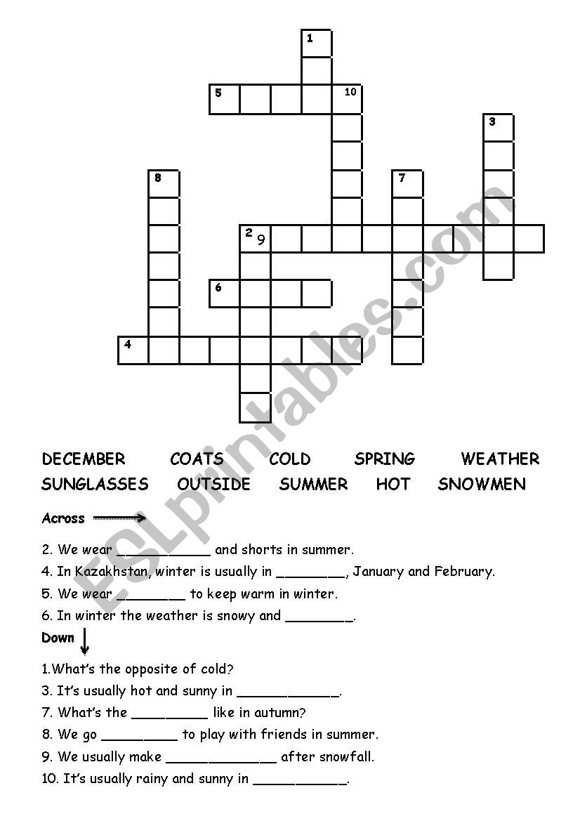 Weather crossword ESL worksheet by Juliya1201