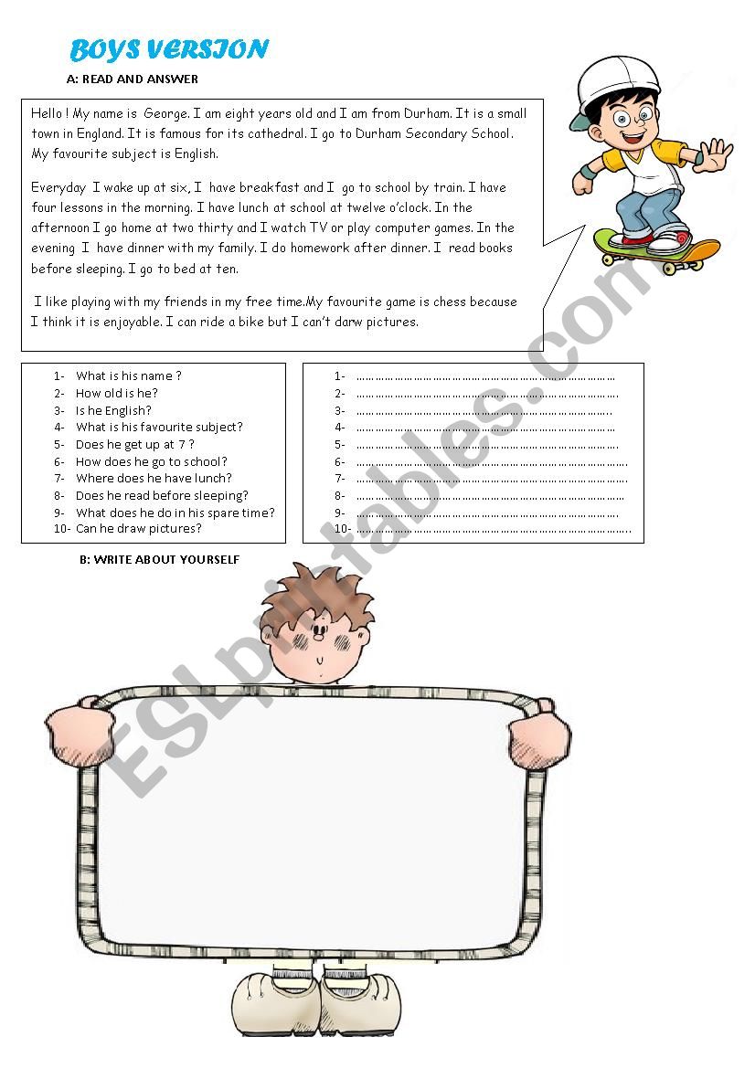 Reading Comprehension and Writing Activity for Boys