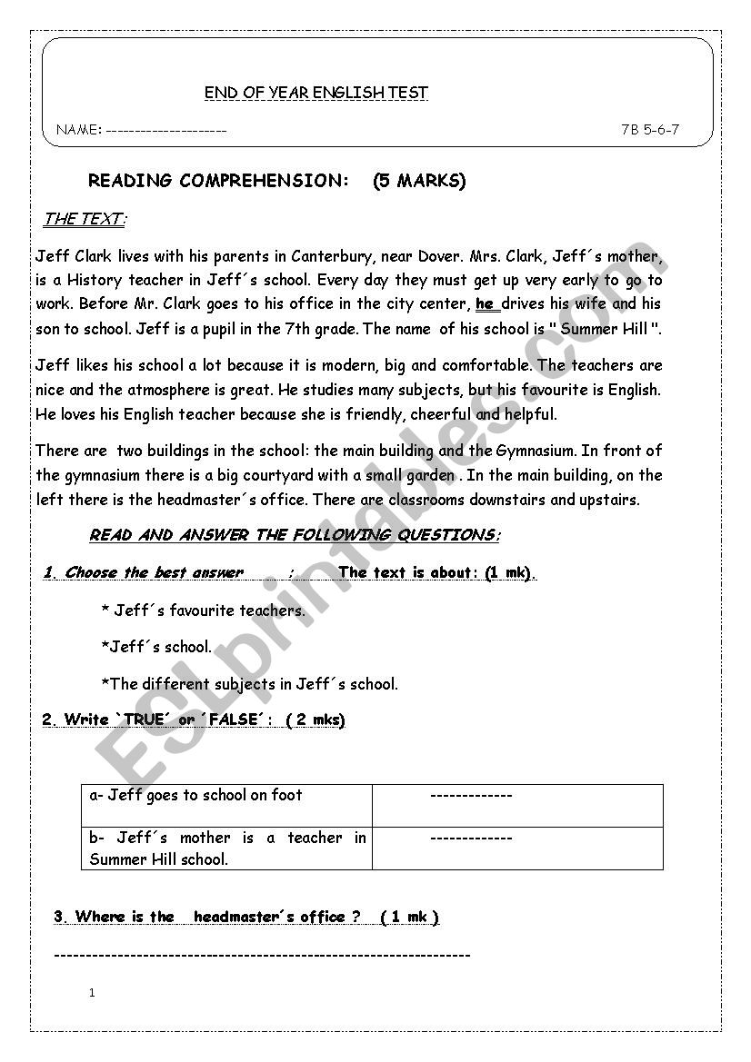 end of term test worksheet