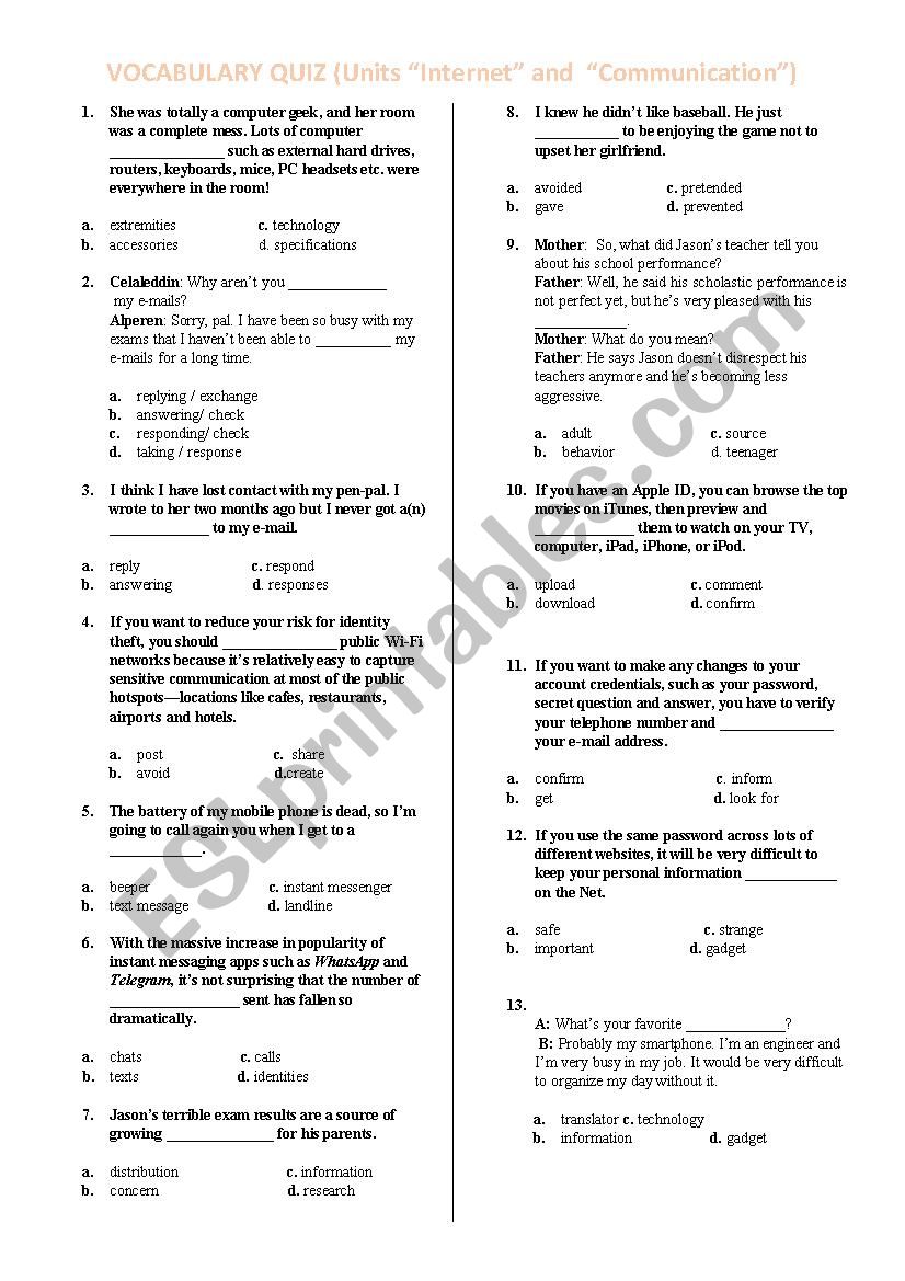 TEOG VOCABULARY QUIZ (Units 4/5 “Internet” and “Communication”) - ESL ...