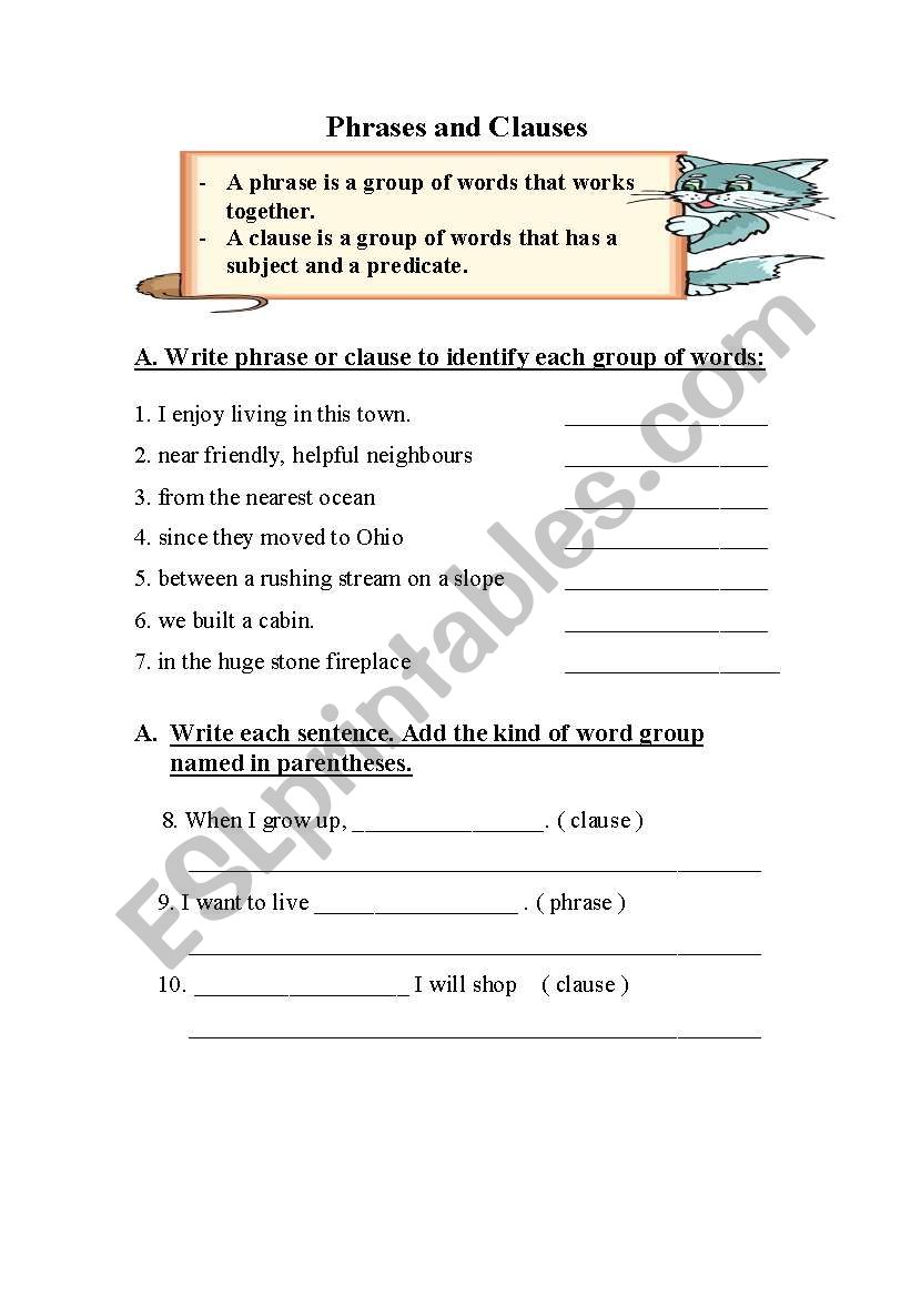 Phrase And Clause Worksheet For Class 6