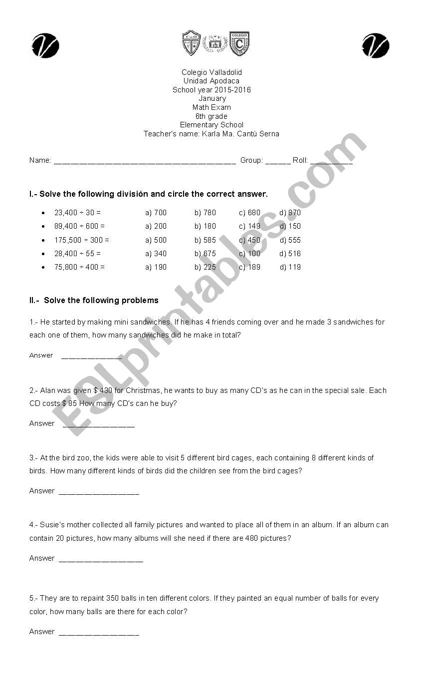 exams 6th grade worksheet