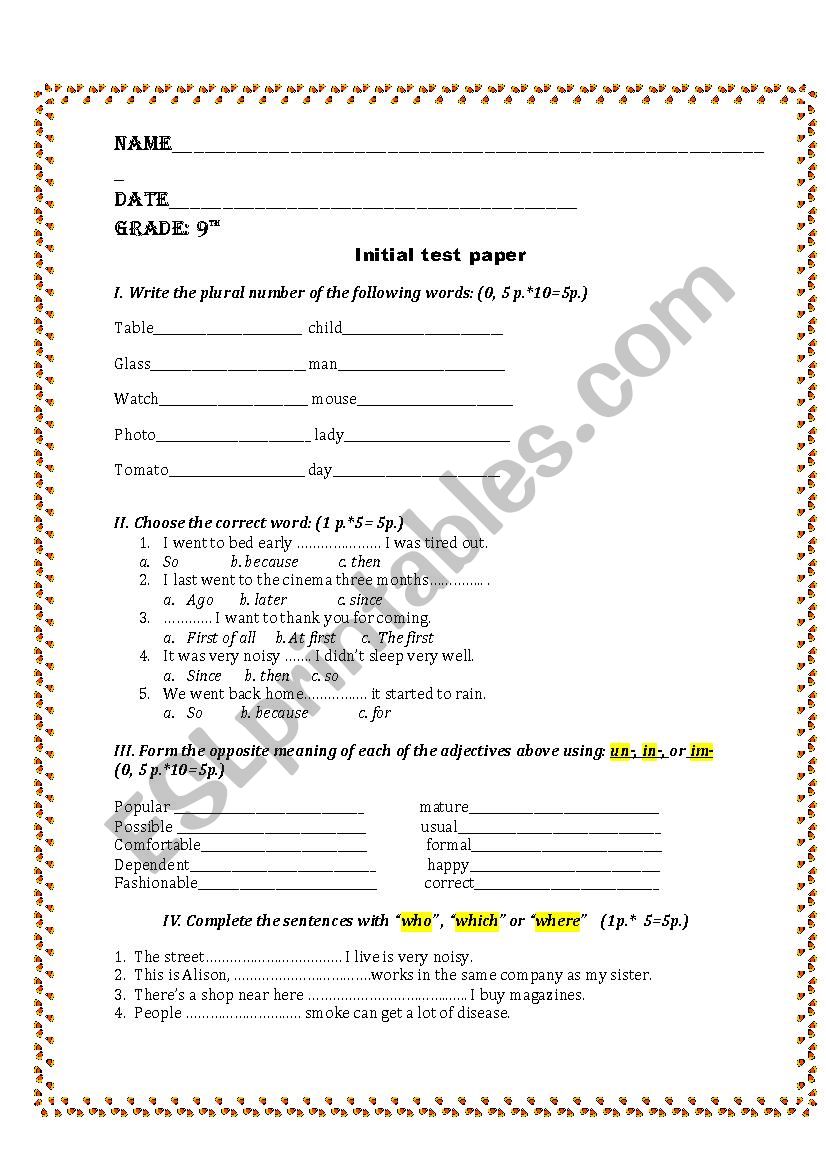 Initial test paper 9 grade worksheet