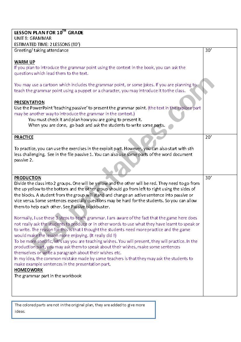 Grammar Lesson Plan Sample ESL Worksheet By Guneyayse61