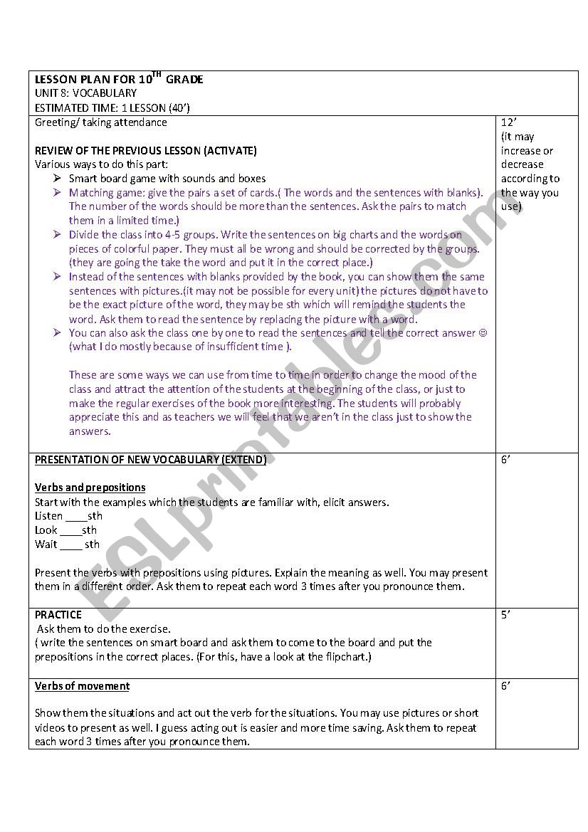 Vocabulary Lesson Plan ESL Worksheet By Guneyayse61