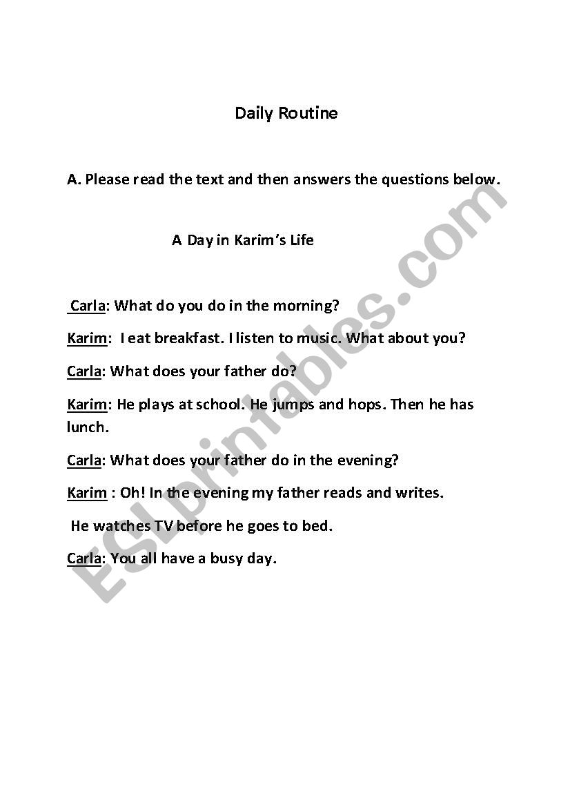 A Day in Karims Life worksheet