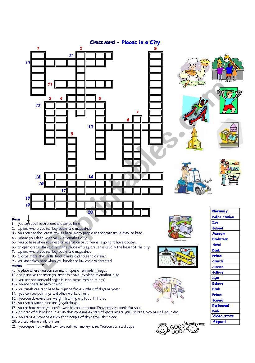 crossword places in a city ESL worksheet by martina007