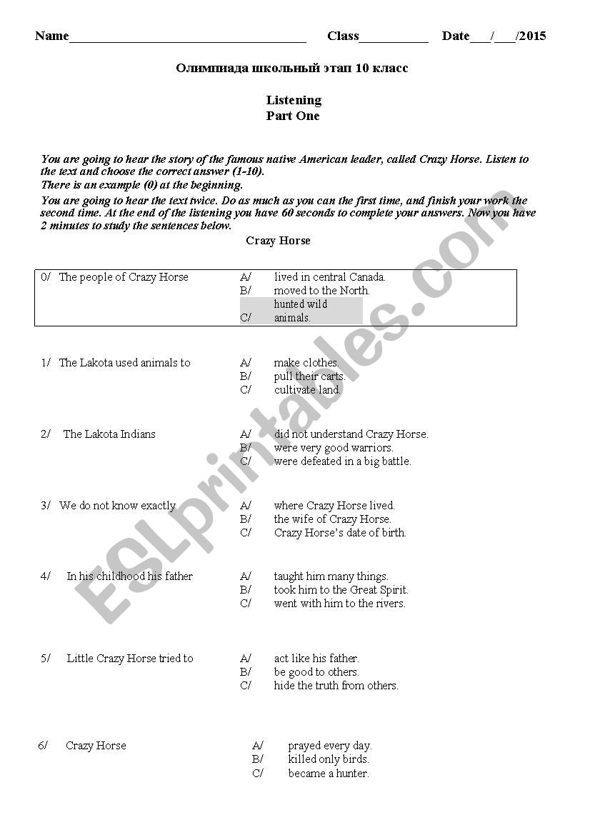 TEST FORM-LEVEL B1 worksheet