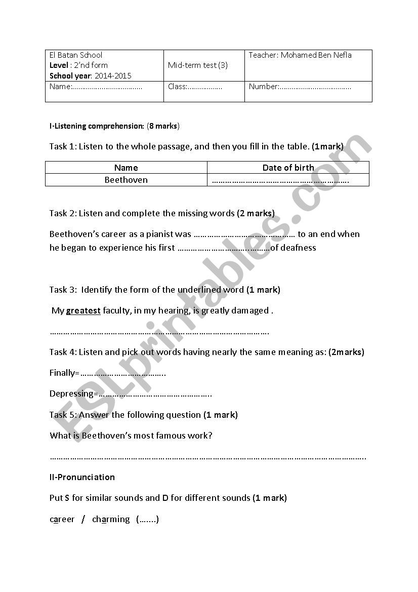 mid term test 3 2´nd form - ESL worksheet by mednaf