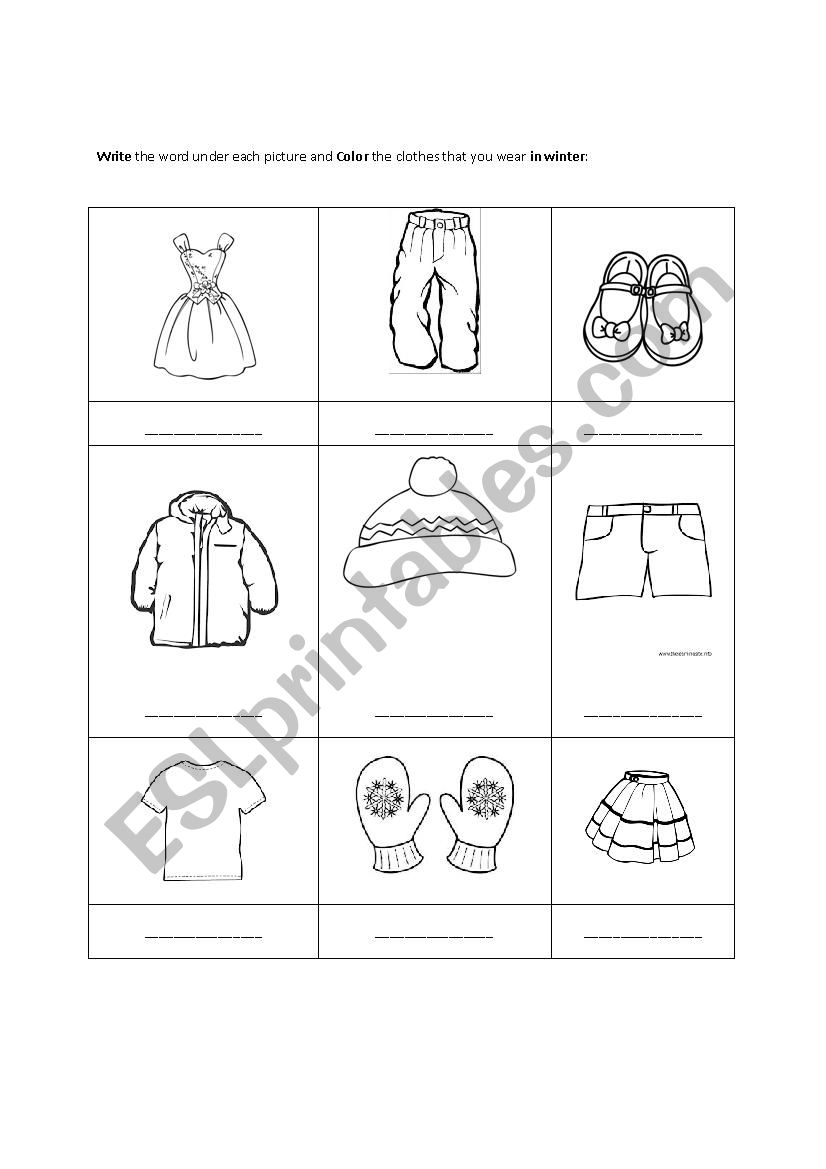 Clothing -- Write and color worksheet