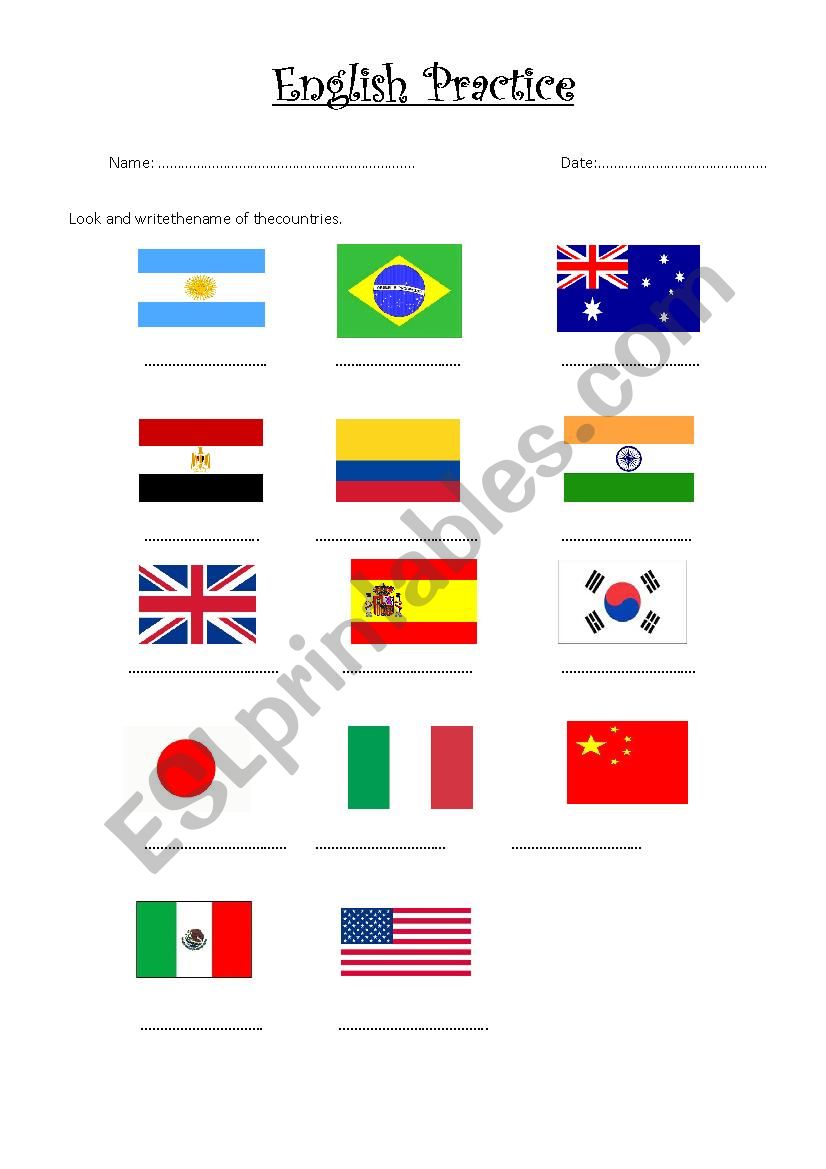 English Practice. Countries worksheet