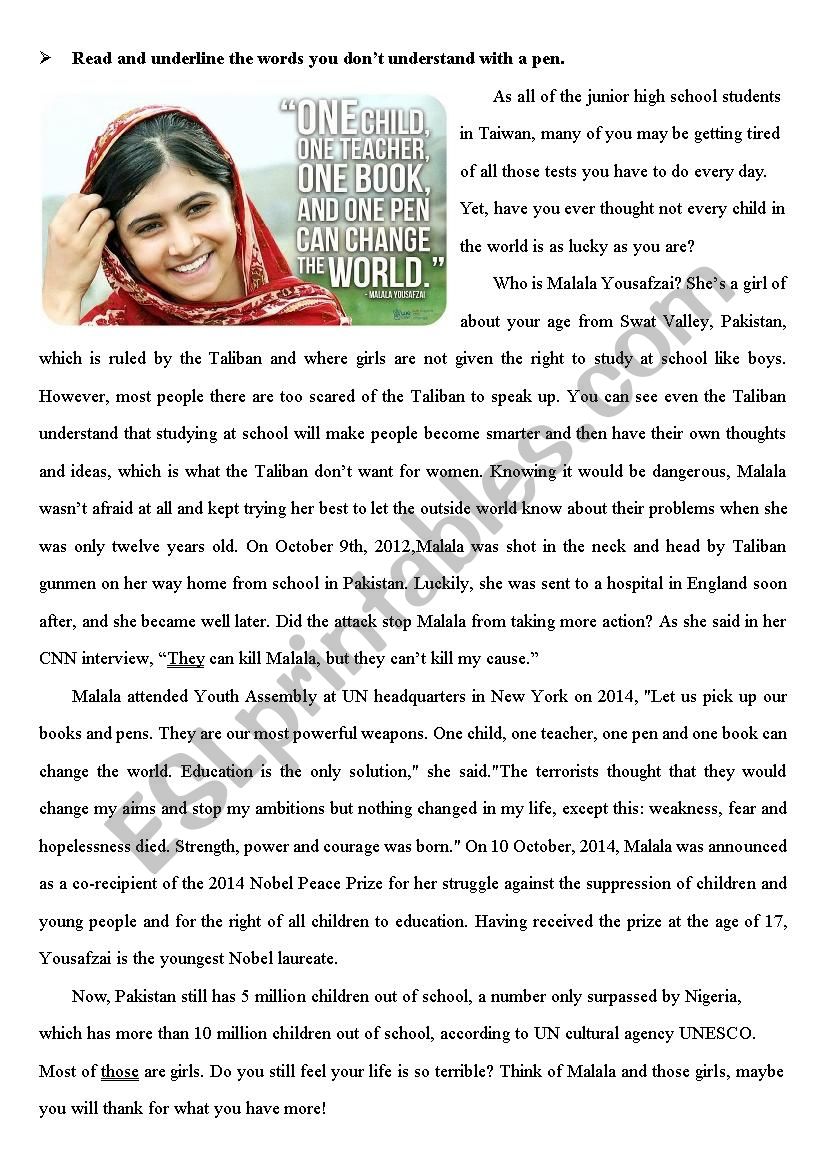 Malala Yousafzai ESL Worksheet By Slivia7933