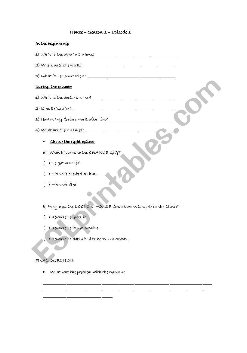 Tv Serie HOUSE M.D Season 1 Episode 1 ESL worksheet by